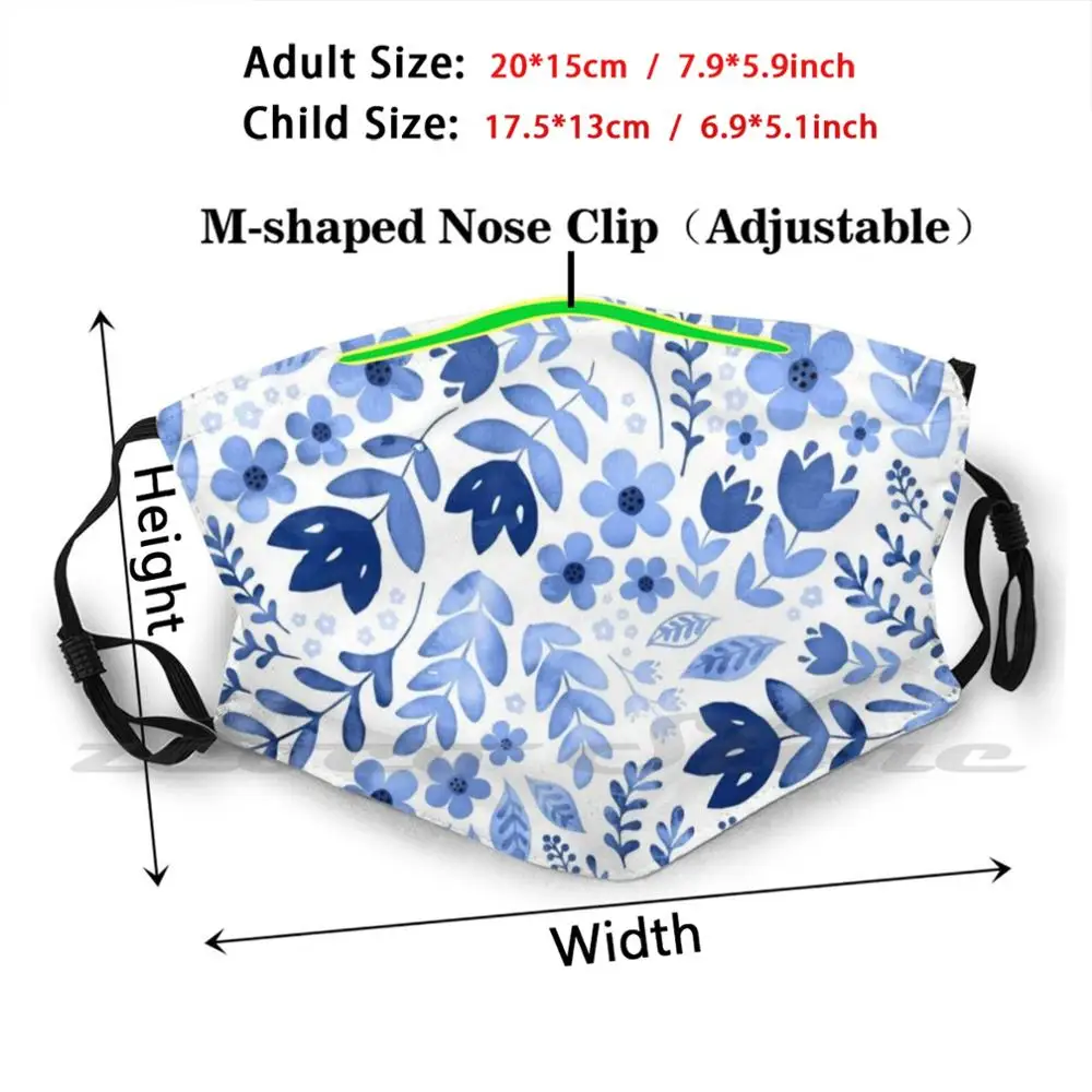 Blue Watercolour Floral Mask DIY Washable Filter Pm2.5 Mouth Trending Poppy Daisy Flowers Floral Leaves Flora Watercolor Navy