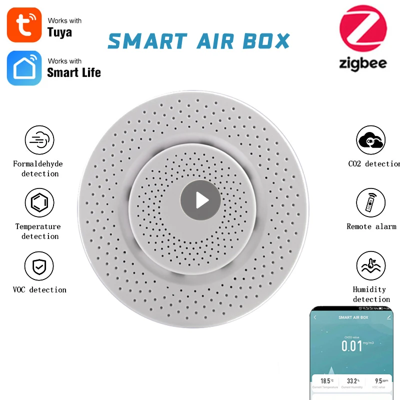 Zigbee3.0 Smart Air Box Tuya Air Quality Monitor CO2 Sensor Formaldehyde VOC Gas Detector Temperature Humidity Sensor Auto Alarm