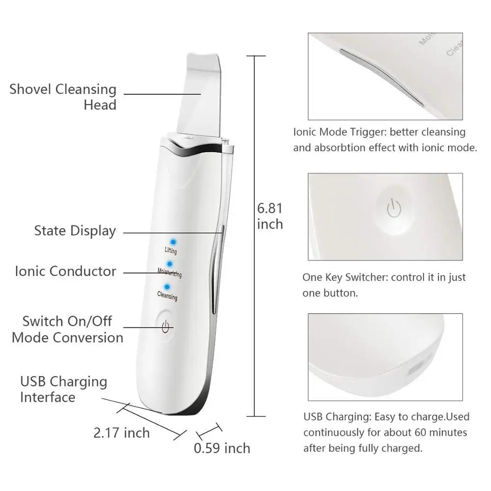 Rechargeable Ultrasonic Face Skin Scrubber Facial Cleaner Peeling Vibration Blackhead Removal Exfoliating Pore Cleaner Tools