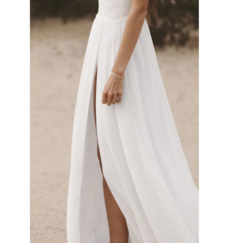 Robe de mariée blanche en mousseline de soie, style Boho, col en V Spaghetti, fente haute, Robe de soirée