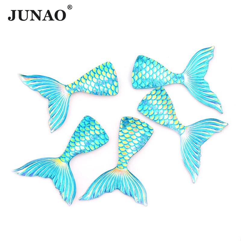 ​JUNAO 10Pcs 29*39mm Aquamarine AB Fish Tail Rhinestones Flat Back Resin Crystal Stone Glitter Mermaid Beads For Decoration