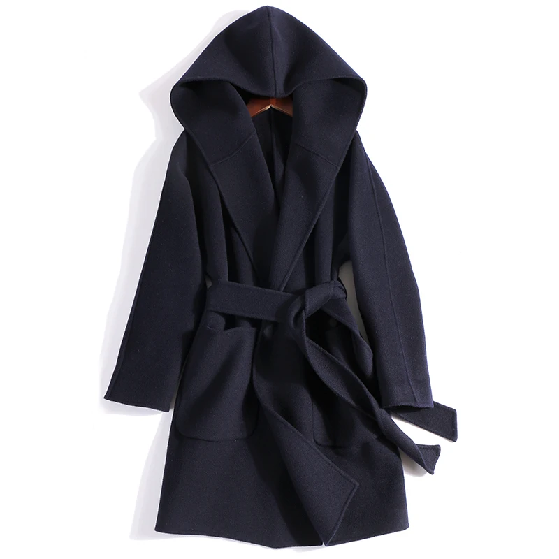 

Women Wool Coat Autumn Winter Belt Clothes Long Sided Hooded Woolen Coats Female Fashion Ladies Spring Overcoat LWL1326