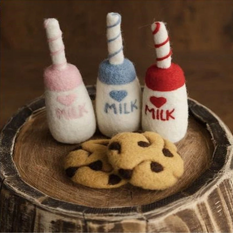 DIY Baby Wool Felt Milk Bottle+Cookies Decorations Newborn Photography Props Infant Photo Shooting Accessories Home Party Orname