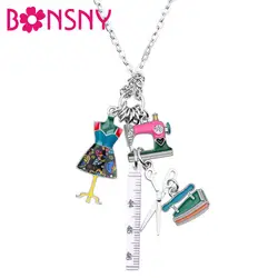 Bonsny Statement Chain Enamel Tailor Sewing Machine Scissors Ruler clothes stand Necklace Pendants Fashion Jewelry For Women