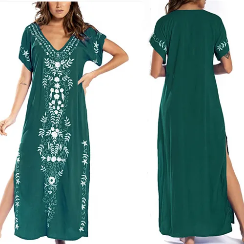 Bsubseach V-hals Korte Mouwen Strand Lange Jurk Badpak Cover Up Voor Vrouwen Badmode Turkse Kaftan Caftan Badpak Coverup