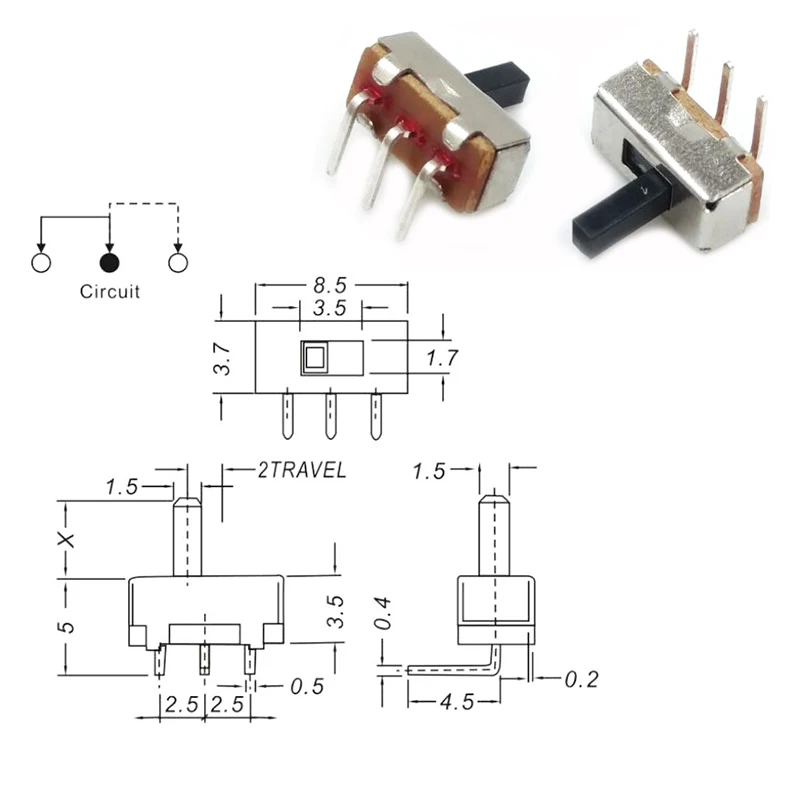 Ss12d03 on/off amplificador de energia 50 peças, bloco horizontal pedal 3 pinos deslizante interruptor de energia 2 posições interruptor de alternância