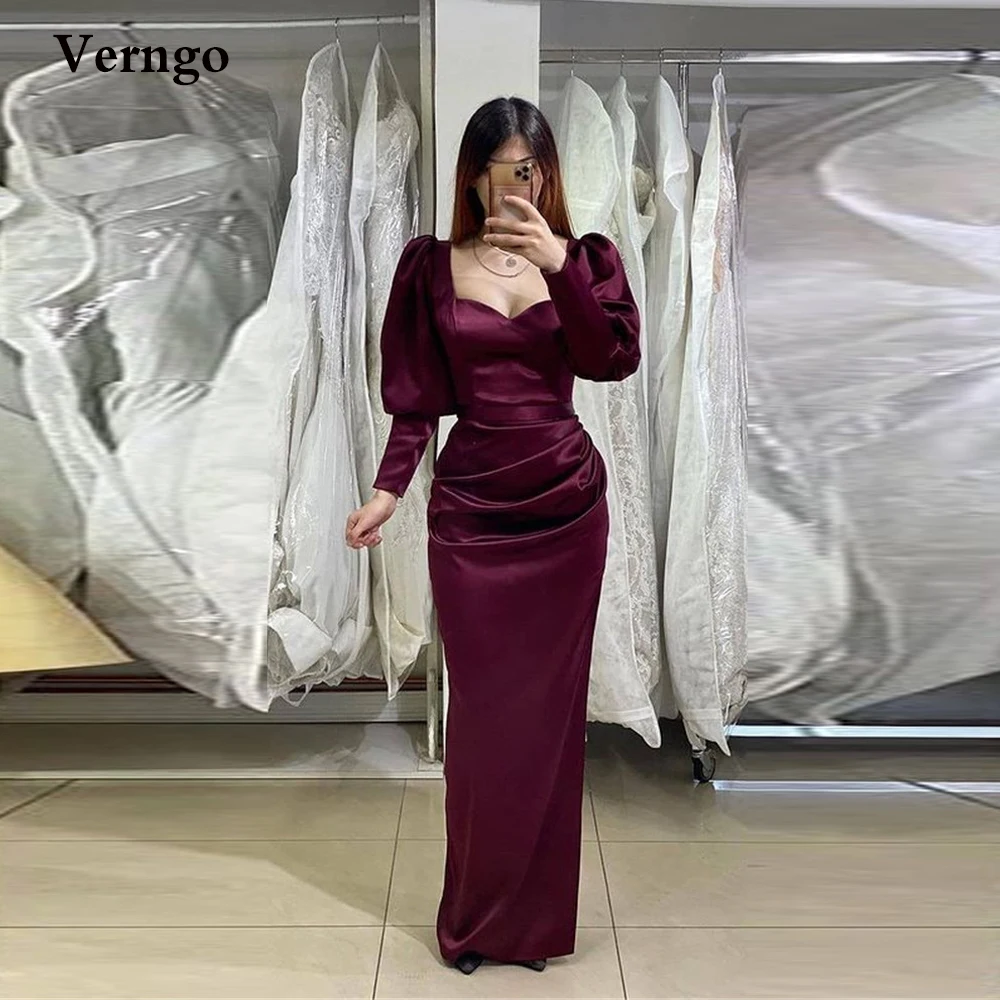 

Verngo Dark Burgundy Long Sleeves Fomal Evening Dresses Sweetheart Pleats Floor Length Women Prom Dress Plus Size Elegant