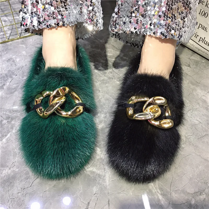 

2024 New Winter Warm Furry Flats Thick Sole Creepers Real Mink Fur Moccasins Casual Flat Shoes Ladies Espadrilles Zapatos Mujer