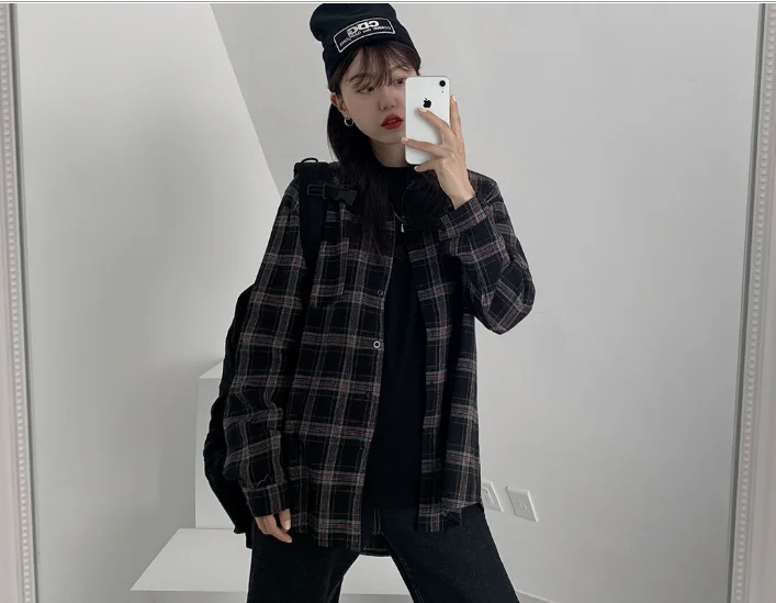 new Vintage cotton plaid Shirt female Oversize Tops Women Long sleeve Girls Blouse New Autumn Women Blouses femme Blusas