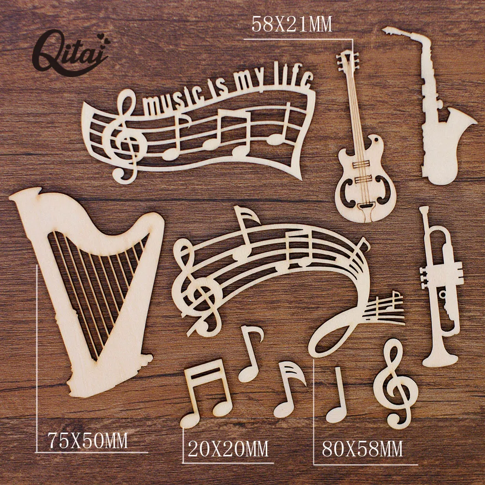 Wooden Chip 55PC BOX Guitar harp musical Wood Crafts Slices Melody DIY Scrapbooking Accessories Handmade Home Decor Wooden Craft