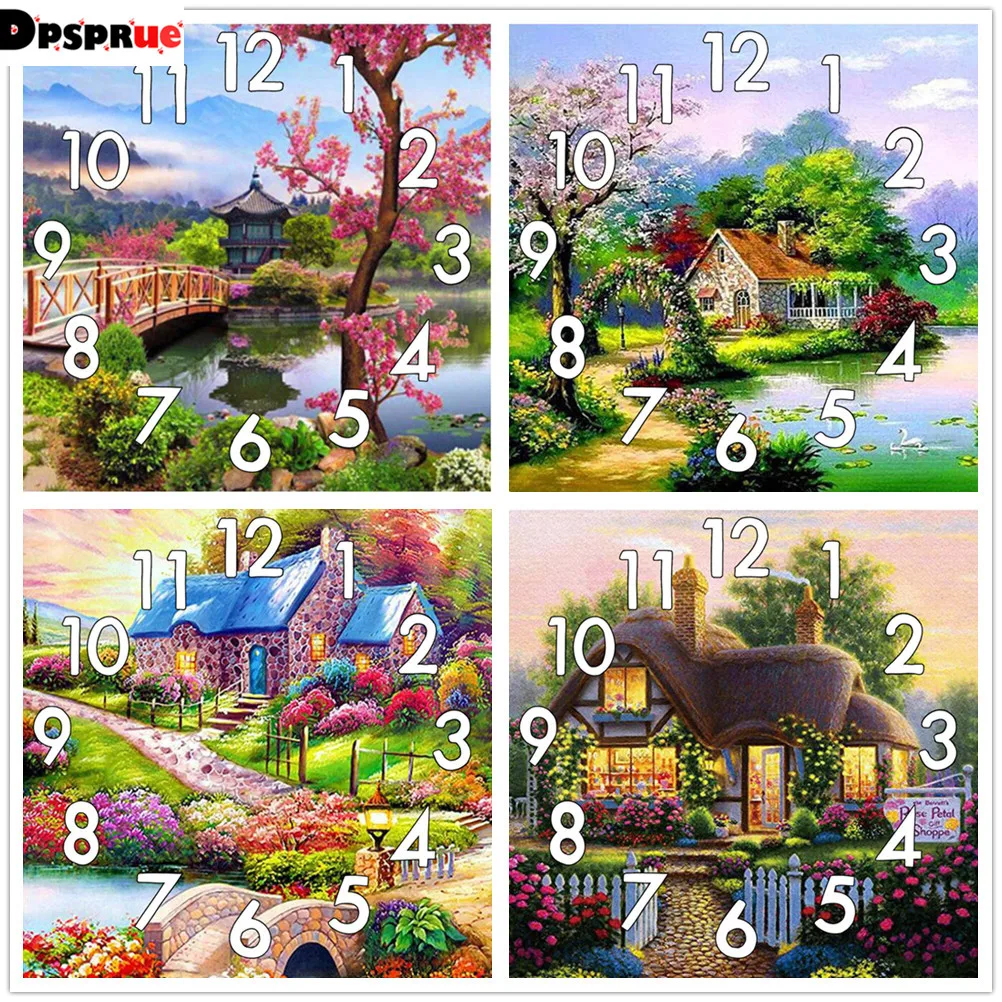 

Dpsprue Full Diamond Painting Cross Stitch River House Gifts Clock Mechanism Mosaic 5D Diy Square Round 3d Embroidery Gift