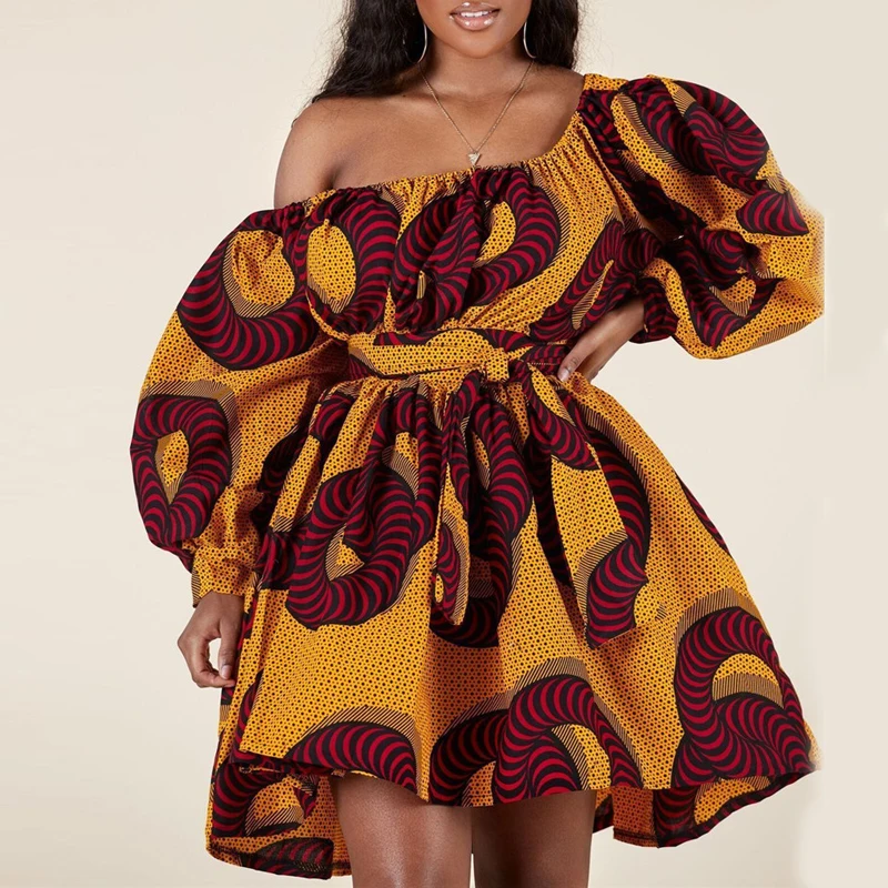 African Dresses Women Sexy Off Shoulder Mini Dress Dashiki Tribal Print Africa Lady Dress Robe Clothes Africaine Femme Vestidos