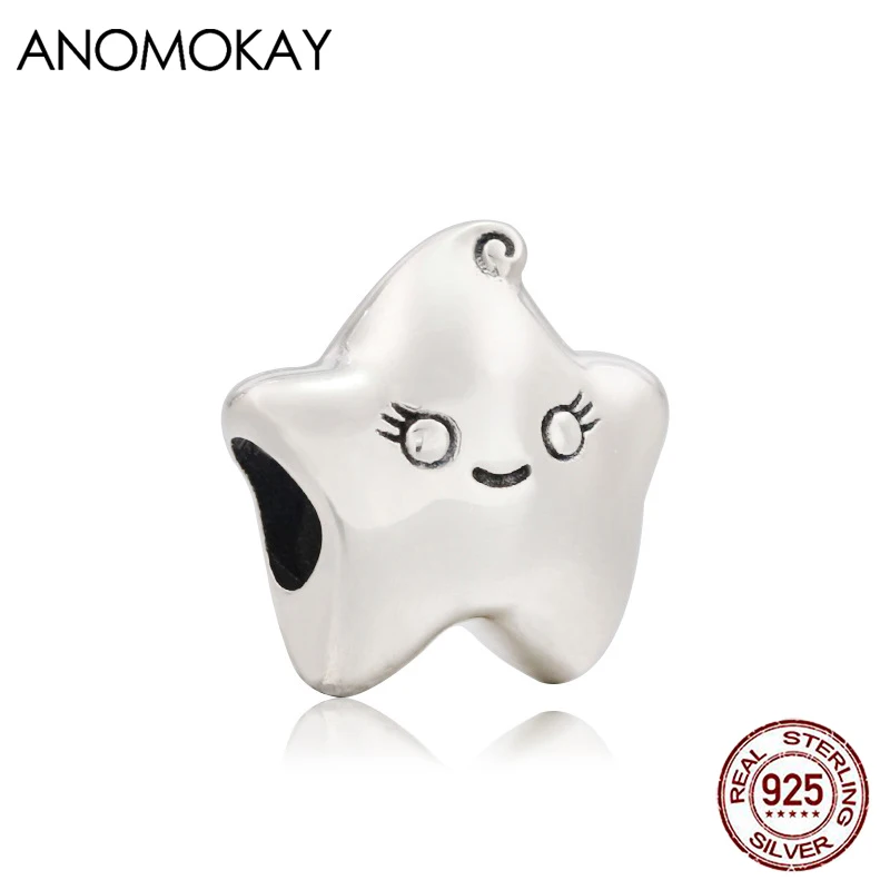 

Anomokay, новые поступления, милая улыбка, пятиконечная звезда, серебряный шарм, подходит для браслета, ожерелья, стерлингового серебра 925, бусина с пентаграммой