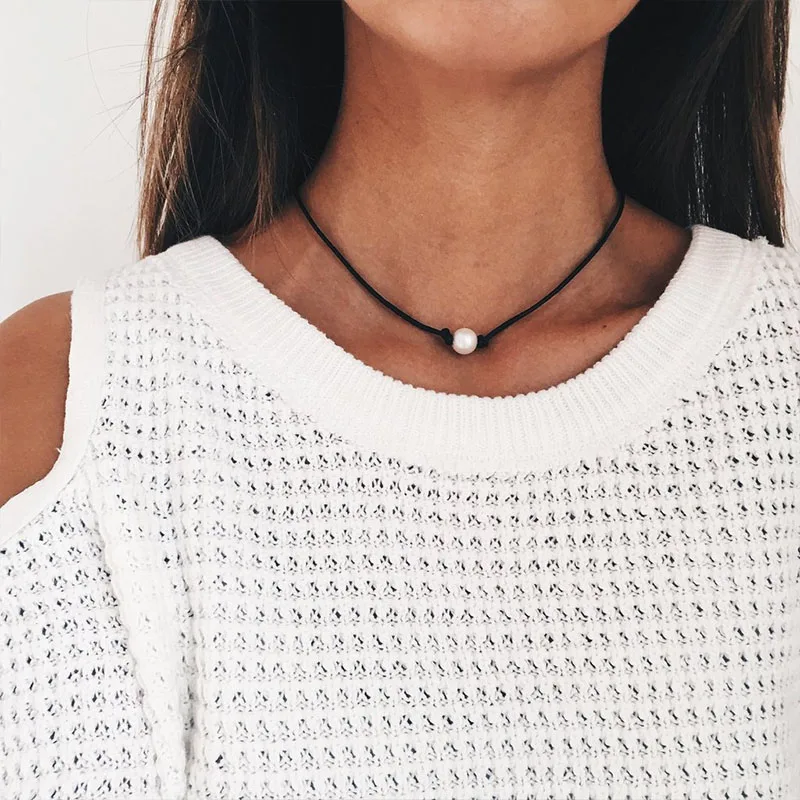 Black Leather Pearl Choker Necklace Real Pearl Necklace Single Pearl Choker Genuine Leather Necklace