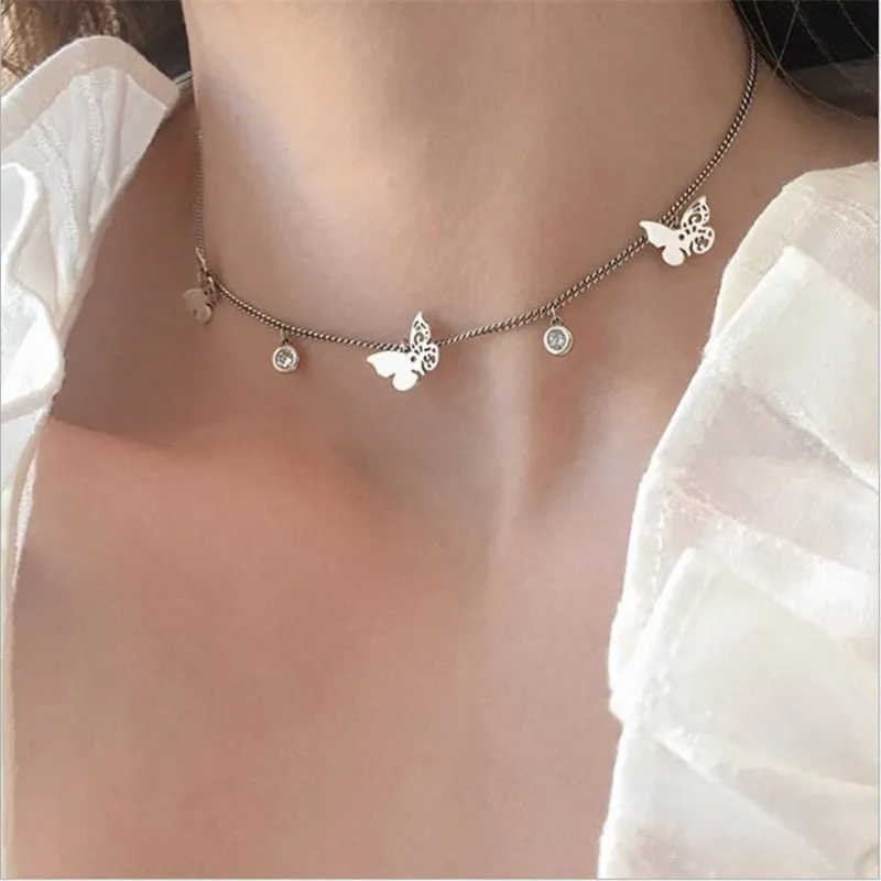 Hollow Butterfly Female Temperament 925 Sterling Silver Jewelry Inlaid Zircon Clavicle Chain Retro Pendant Necklaces HZX106