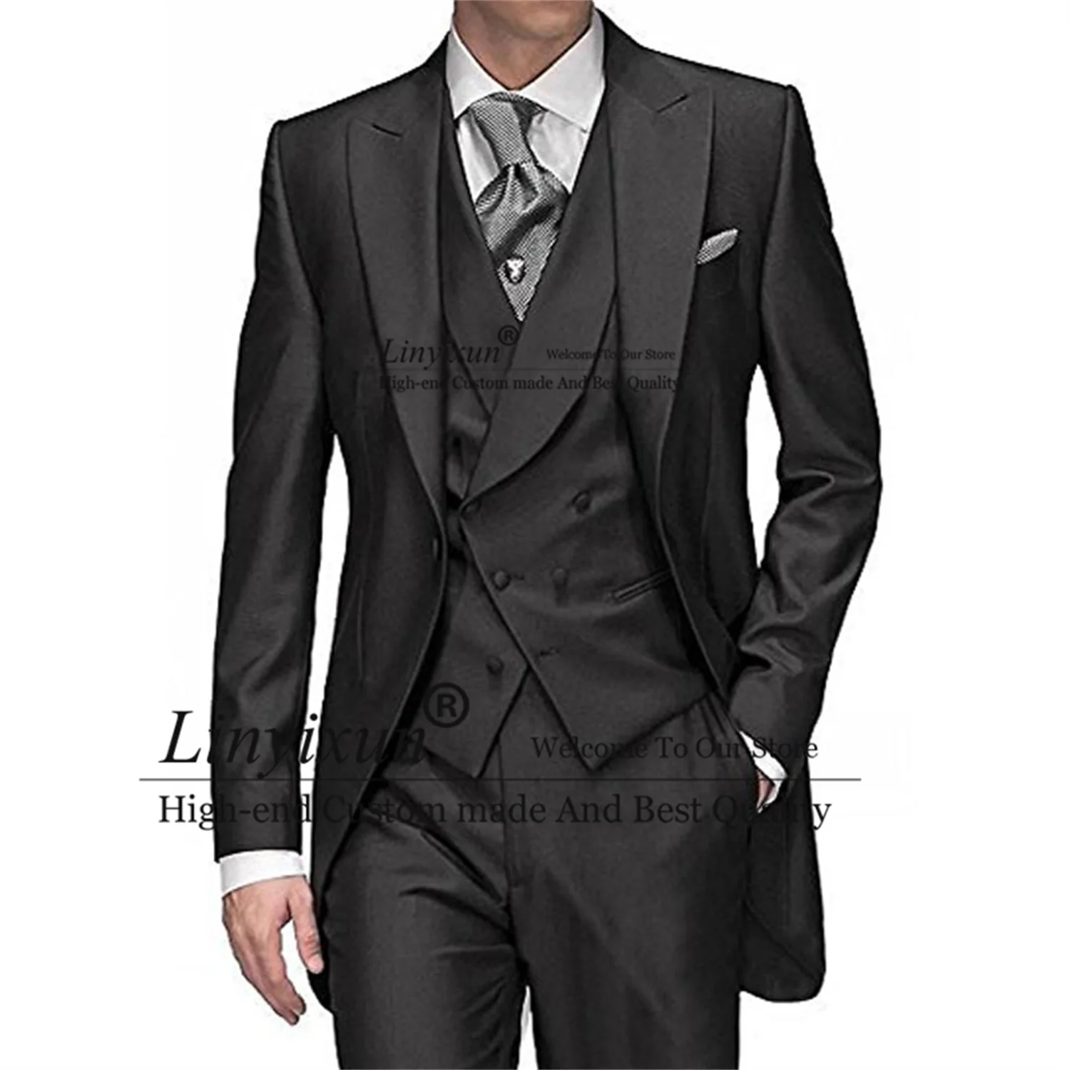 

Black Mens Suits for Wedding Peaked Lapel Groom Tuxedos Groomsmen Wear 3 Piece Jacket Vest Pants Set masculino Costume Homme