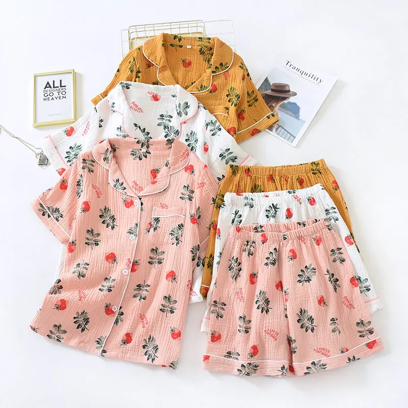 

Women Leisure Loose Pajamas Top + Shorts 2 Piece Set Comfortable Gauze Crepe Cotton Summer Simple Pajama Home Clothes Sleepwear