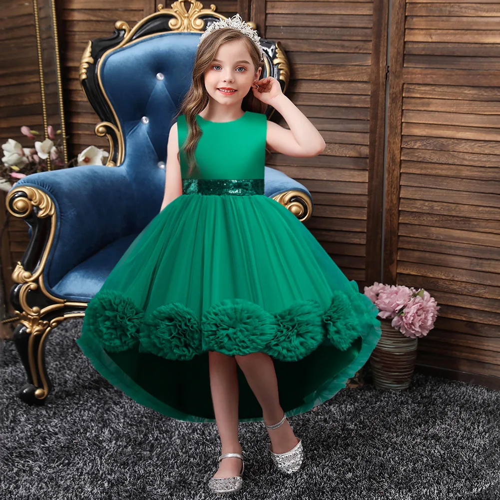 

Kids 3D Flower Wedding Party Dress Sleeveless Short Front Long Back Ball Gown Flower Girl Dress