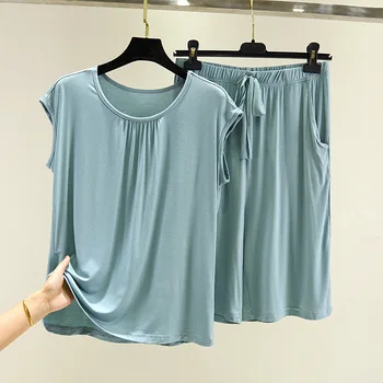 מודאלי O צוואר שרוולים חולצה + חליפת מכנסיים נשים של קיץ Loose גדול גודל פיג 'מה נקבה הלבשת פיג' מות מקרית שני-סט חתיכה