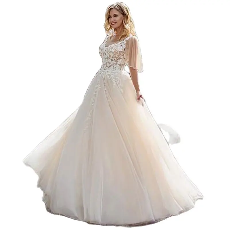 

A Line Short Cap Sleeves Bridal Gowns Boho Wedding Dress Transparent Buttons Back Lace Bridel Gown Court Train 2020
