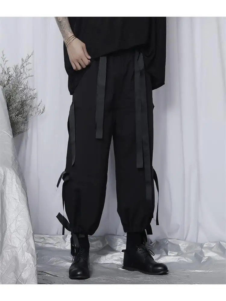 

Men's Ribbon Wide Leg Pants New Classic Dark Personality Design Loose Casual Large Straight Leg Pants