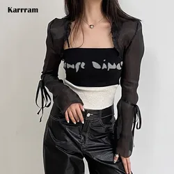 Karrram Gothic Cloak Womne Long Sleeve Crop Top Bow Design Black Cape + Patchwork Tank Top Two Piece Set Korean Style Sexy Tops