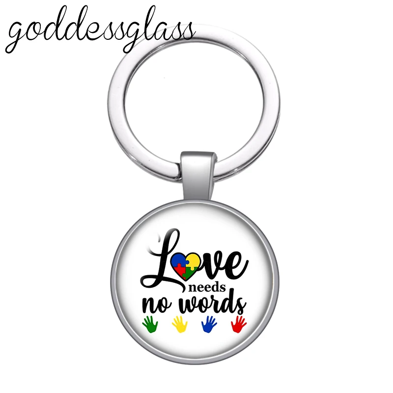 Autism Awareness Puzzle Ribbon Love Photo Round glass cabochon keychain Bag Car key chain Ring Holder Charms keychains for gift