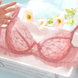 Fashion Pink Lace Bra And Panty Sets Plus Size Transparent Brassiere Floral Embroidery Underwear Set Women Sexy Lingerie A B C D