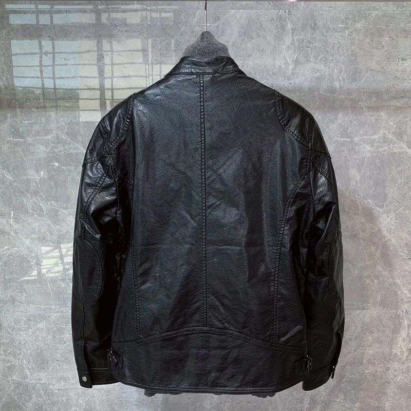 

Stand Men Collar Biker Real Leather Jacket Winter Sashes Slim Short Casual Leather Coat Street Motorcycle Black Outerwear M-3XL