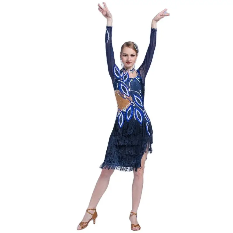 L-17198 Kid Latin dance performances dress adult, long-sleeved dancing bull rumba tassel dress