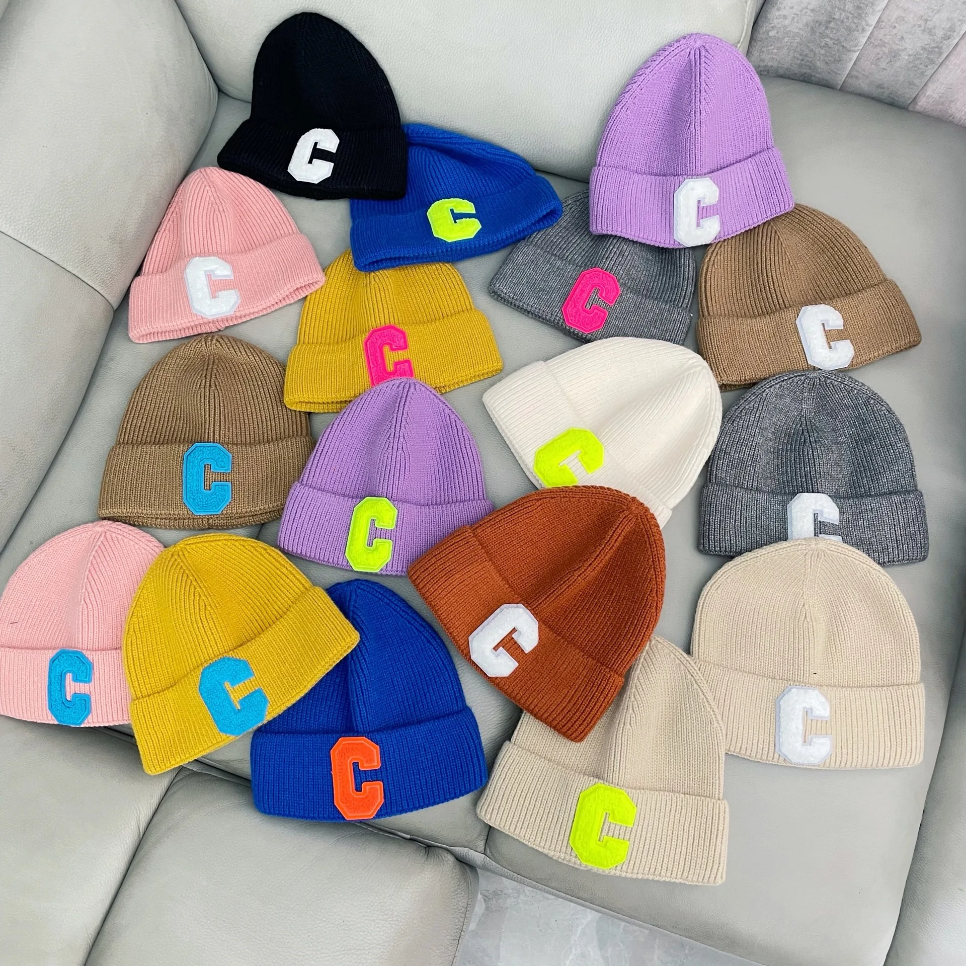 Winter Hats for Woman Thicker Beanies Letter C Knitted Hat Girls Autumn Female Candy Color Beanie Caps Warmer Bonnet Casual Cap