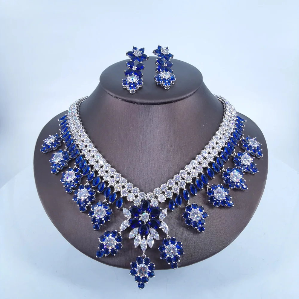 

2024 new fashion luxury retro romantic blue flowers zircon necklace earring set,wedding bride dinner party formal jewelry set