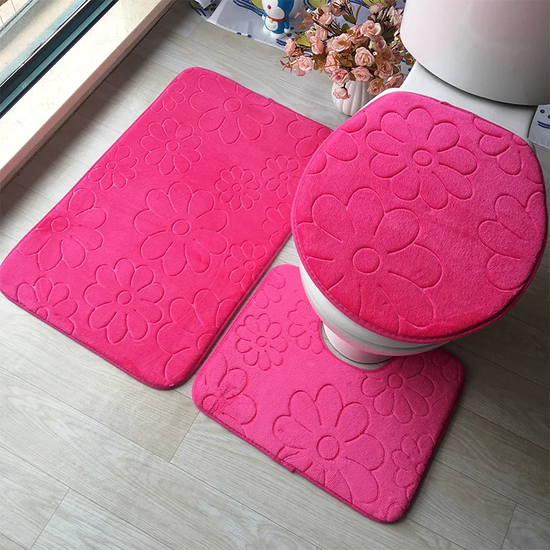 3D Embossed Bathroom Carpet Set, Bathroom Floor Rug, Flannel Toilet Mat with Lid Cover, Non-Slip U-shape Bath Mat Set, 3 Pcs