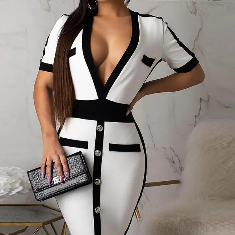 

New Women Bandage Dress Fashion Short Sleeve White Bodycon Celebrity Party Dresses Deep V Back Zipper Sexy Club Summer Vestidos