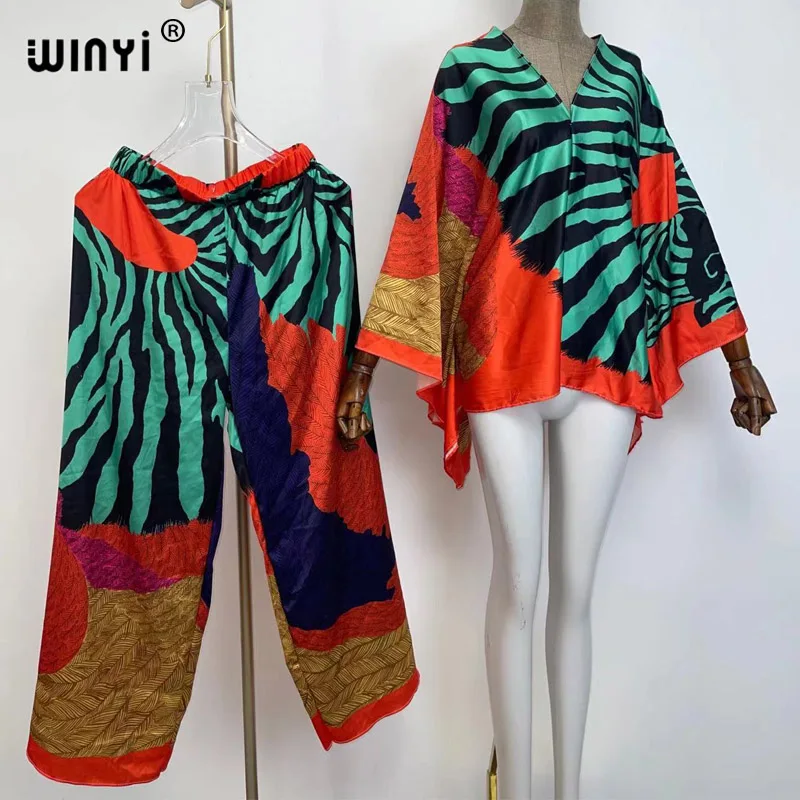 WINYI Elegant Woman fashion Print Suits Casual Spring Ladies holiday Suits Ladies Vocation Beach Loose Blouse Set Female Pants