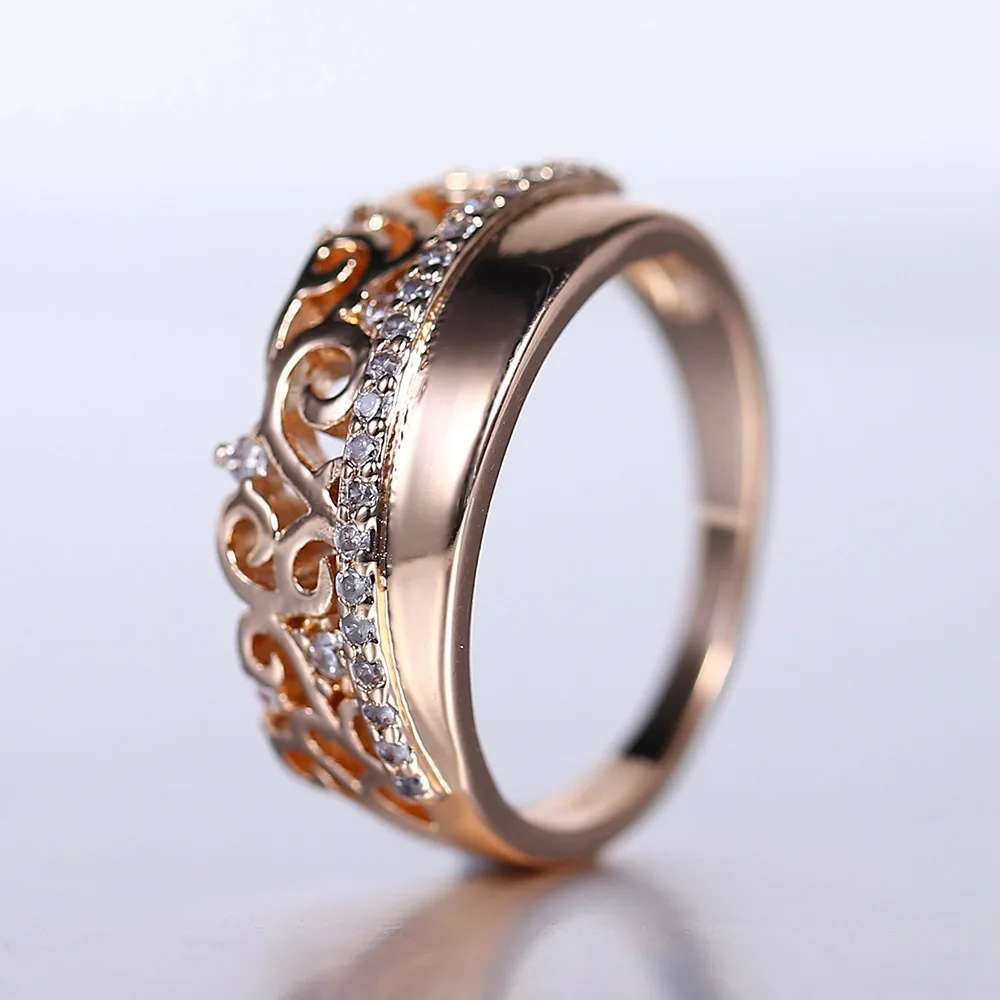 Weaving Patterned Band Ring 585 Rose Gold Color Clear CZ Princess Queen Crown Ring for Women Girls Wedding Party Jewelry GR63