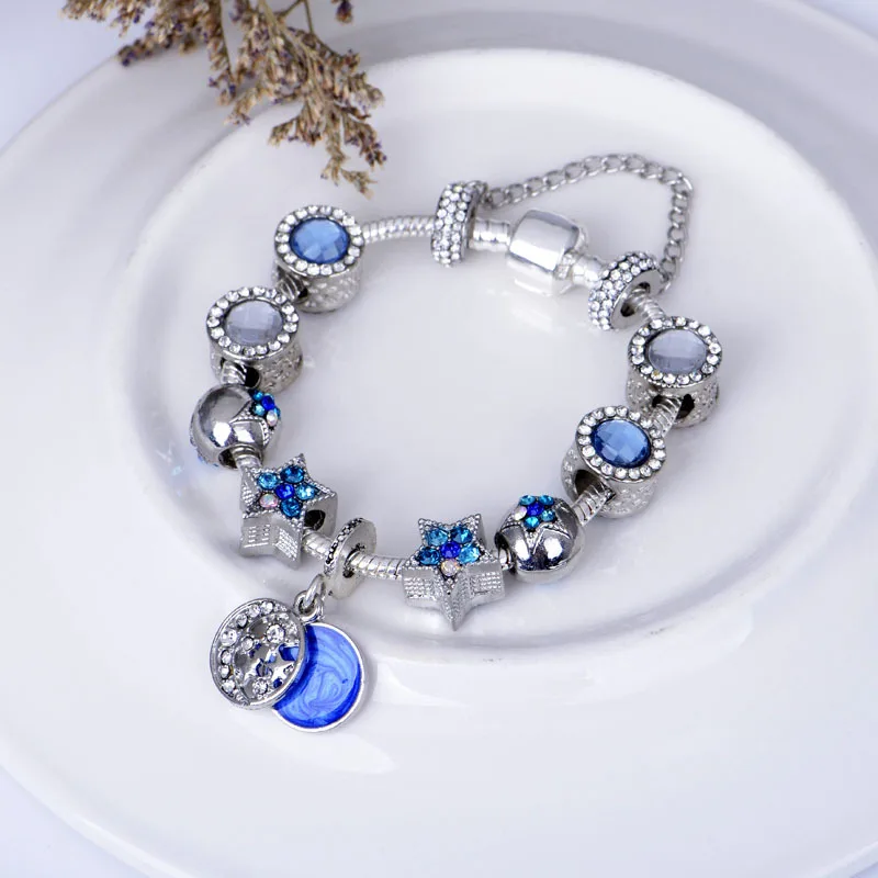 Hot selling national style blue starry alloy beaded bracelet European and American popular star Pandora charm bracelet