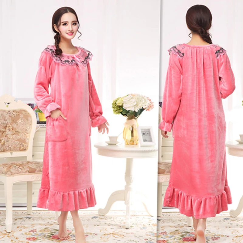 

Ladies Autumn/Winter Extra Sleepwear Flannel Double-Sided Velvet Computer Embroidery Lace Long-Sleeved Long Princess Nightgown