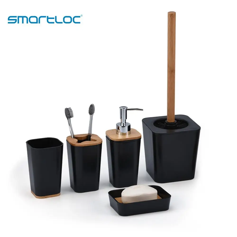 Set of 6 Smartloc Plastic Bathroom Accessories Toothbrush Holder Toothpaste Dispenser Case Soap Box Shower Storage Black