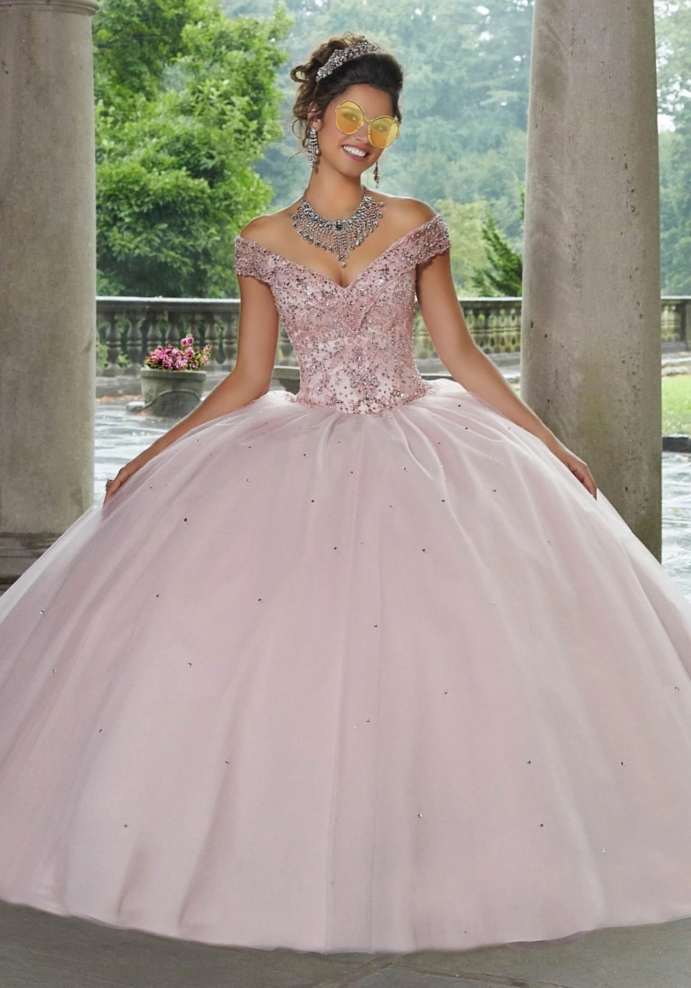 Vestido de Organza con cuello en V para quinceañera, traje de baile Formal con hombros descubiertos, color amarillo, 2020