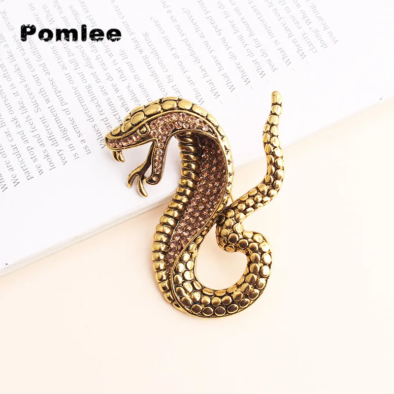 Pomlee Vintage Rhinestone Snake Brooches Unisex Women and Men Brooch Pin Animal Design Copper Color