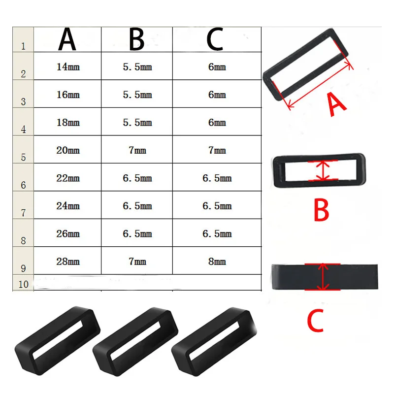 Bandas de reloj negras, accesorios de goma de silicona, soporte, casillero, 12, 14, 16, 18, 20, 22, 24, 26, 28mm, 5 unidades