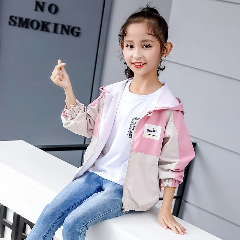 Girls Windbreaker Zipper Jacket Spring Autumn Outing  College Kids Clothes Children Outwear Pink Purple Blue Baby Coat Outfits