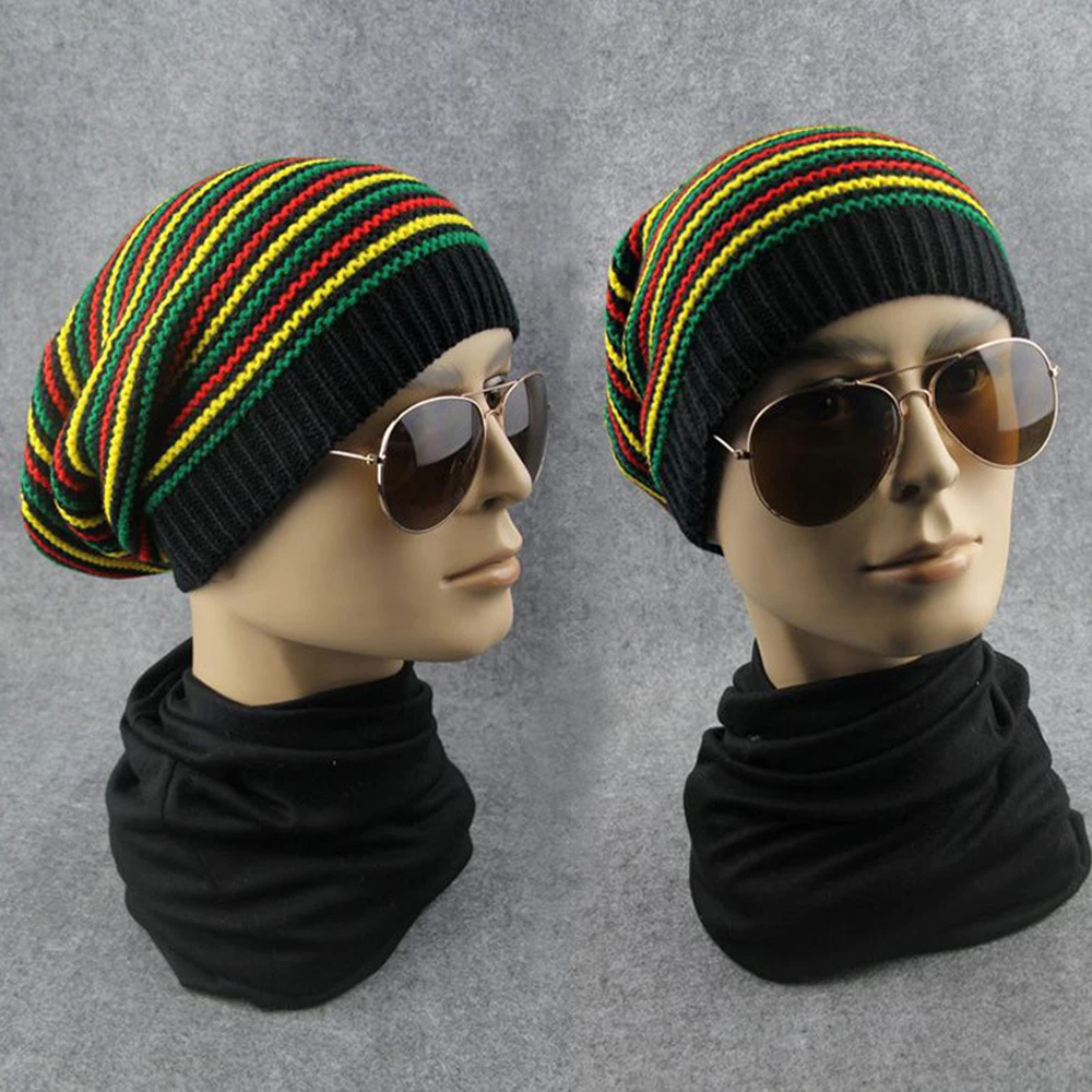 New Stylish Bob Marley Reggae Hat Jamaican Pom Slouch Baggy Beanie Stripe Brim Cotton Winter Warmer Visor Stripe Cap