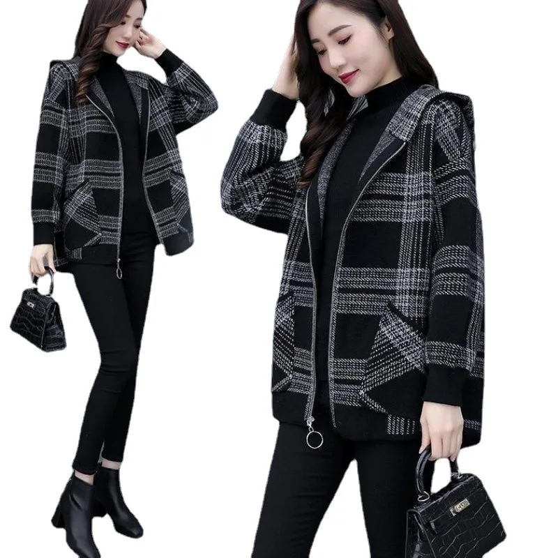 Blended Wool Coat Women Autumn Winter Jacket New Plaid Short Woolen Coat Pocket Zipper Jacket Korean Version Lady OuterwearR1650