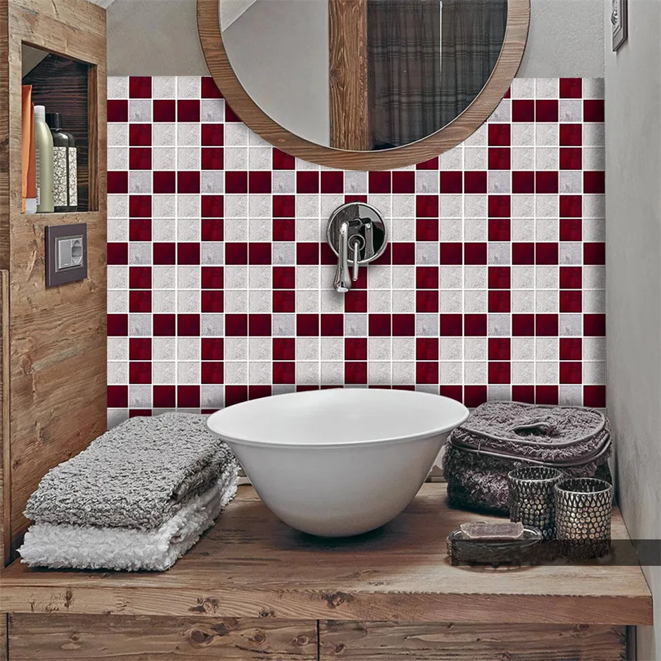 25pcs/set Red Gray Mosaic Bathroom Tile sticker Kitchen Decoration Decal Self Adhesive Waterproof Art Wallpaper Wall Decor Mural