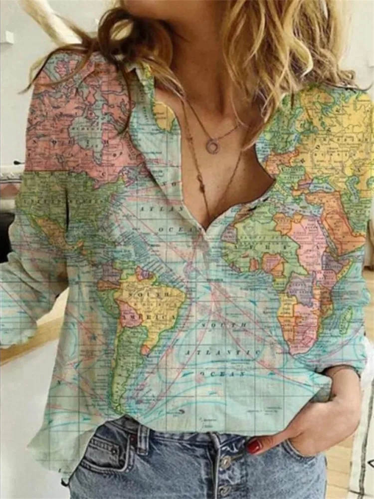 Autumn Women World Map Print Vintage Shirts Long Sleeve Single Breasted Turn Down Collar Casual Blouses 2021 New Female Tops