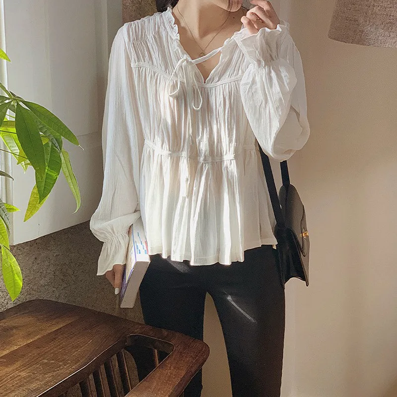 

Johnature 2024 Autumn New Korean Ruffle Sleeve Smoke Plait Womens Tops And Blouses Casual Solid Color Tie Female Shirts