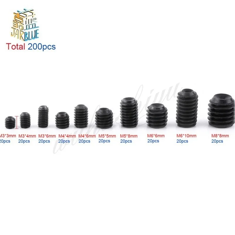 200pcs/set M3 M4 M5 M6 M8 Hex Socket Screws Bolts Cup Point Assortment Kit Black Fastener Hardware With Box