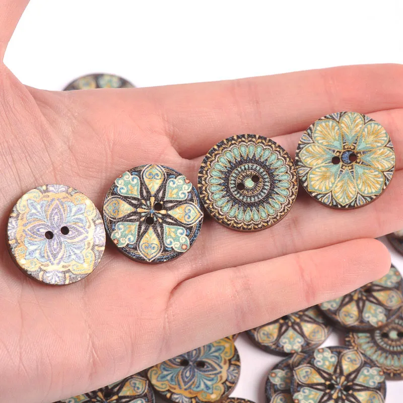 50Pcs 25mm Vintage Printed Wooden Buttons For Scrapbooking DIY Crafts Sewing Clothing Kids Garment Embellishment Supplies c2910